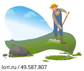 Farmer working with soil. Man using rakes at lawn. Farming character wearing special uniform and hat. Bearded male and landscapes with greenery and stones on ground. Agriculture vector in flat. Farming Man Using Rakes, Male Working on Farm. Стоковая иллюстрация, агентство Ingram Publishing / Фотобанк Лори