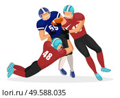 Gridiron player falling down trying to get ball. Isolated team members playing american football. Competing male personages. Participation between professional footballers. Vector in flat style. American Football Player Falling Down, Gridiron. Стоковая иллюстрация, агентство Ingram Publishing / Фотобанк Лори