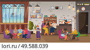 Cafe with lots of customers and visitors. Barista making coffee for clients. Couple talking by counter. Friends sitting on comfy couch playing games and drinking beverages. Vector in flat style. Coffeehouse Crowded with Clients, Cafe Interior. Стоковая иллюстрация, агентство Ingram Publishing / Фотобанк Лори