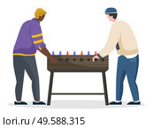 Men characters playing table-game twirling sticks isolated on white. Happy people friends coworking and gaming together on table. Males strategy playing in team competition on special board vector. Males Playing Game on Table with Sticks Vector. Стоковая иллюстрация, агентство Ingram Publishing / Фотобанк Лори