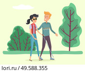 Man helping blind woman to walk or find right way. Disabled female character accompanied by male personage. Volunteer assisting person giving support to patient. People in summer park vector. Volunteer Helping Disabled Person to Find Way. Стоковая иллюстрация, агентство Ingram Publishing / Фотобанк Лори