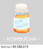 Kombucha drink for digestive system and immune system of human. Isolated jar with tea and fungus, homemade beverage with mushroom in it. Liquid full of positive bacteria and microorganisms vector. Kombucha Homemade Beverage with Fungus and Tea. Стоковая иллюстрация, агентство Ingram Publishing / Фотобанк Лори