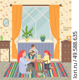Happy family of parents and children at home on floor playing games. They sitting on carpet and play jenga. Happiness and cosiness. Mother and father, son and daughter. Vector illustration flat style. Happy Family, Parents and Children Play at Home. Стоковая иллюстрация, агентство Ingram Publishing / Фотобанк Лори