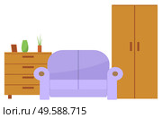 Wooden cheat and wardrobe near violet sofa. Furniture and decor as vase,plant in pot and frame for photos. Comfortable living room vector illustration. Furniture for Home as Sofa, Chest and Wardrobe. Стоковая иллюстрация, агентство Ingram Publishing / Фотобанк Лори