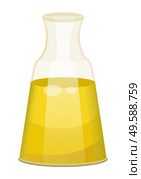 Glass bottle closed with bung with golden liquid inside. Vessel with viscous purified substance used for cooking or hair care. Vegetable, olive or sunflower, oil produced by plant. Vector illustration. Vegetable Oil for Hair Care, Liquid in Vessel. Стоковая иллюстрация, агентство Ingram Publishing / Фотобанк Лори