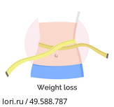 Weight loss icon. Woman waist and measuring tape. Healthy lifestyle and beneficiary dieting for health. Fitness results and positive effect of waistline of person. Food control and training vector. Weight Loss Measuring Waist of Woman Waistline. Стоковая иллюстрация, агентство Ingram Publishing / Фотобанк Лори
