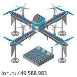 Drone with remote controller, wireless device with propellers, quadcopter symbol, aircraft with remotely radio controlled flying robots, discovery air robot for video and photo, multicopter vector. Quadcopter and Remote Controller, Drone Vector. Стоковая иллюстрация, агентство Ingram Publishing / Фотобанк Лори