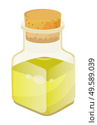 Glass bottle closed with bung with golden liquid inside. Vessel with viscous purified substance used for cooking or hair care. Vegetable, olive or sunflower, oil produced by plant. Vector illustration. Vegetable Oil for Hair Care, Liquid in Vessel. Стоковая иллюстрация, агентство Ingram Publishing / Фотобанк Лори
