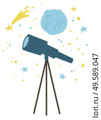 Telescope and falling star, planet cosmic bodies isolated. Vector comet at galaxy space, blue moon or meteor. Cosmos o universe investigation, asteroid in sky. Telescope and Falling Star, Planet Cosmic Bodies. Стоковая иллюстрация, агентство Ingram Publishing / Фотобанк Лори