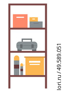 Shelf with colorful boxes and cases, wooden construction with geometric volumes, toolbox or locker object, garage equipment, workshop element vector. Workshop Shelf with Boxes, Toolbox Sign Vector. Стоковая иллюстрация, агентство Ingram Publishing / Фотобанк Лори
