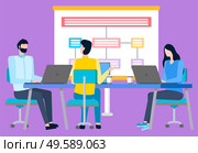Workers characters presenting board with scheme, colleagues brainstorming. Vector people cooperating in team working at laptops sitting at table. Workers Characters Presenting Board with Scheme. Стоковая иллюстрация, агентство Ingram Publishing / Фотобанк Лори