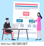 Businesswomen or office workers, scheme or infographic vector. Work strategy or graphic, laptop and headset, notepad and pencil, secretary and boss. Scheme or Infograph, Businesswomen, office workers. Стоковая иллюстрация, агентство Ingram Publishing / Фотобанк Лори