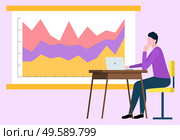 Office worker analysing information on whiteboard vector, infocharts and flowchart colored. Man with stats and plans statistical data flat style character. Presentation Person Working on Laptop Office Work. Стоковая иллюстрация, агентство Ingram Publishing / Фотобанк Лори
