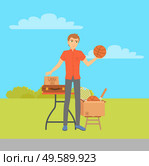 Guy selling old sport items, garage sale at countryside vector. Declutter, basketball and badminton or tennis rackets in cardboard box, briefcase. Garage Sale, Guy Selling Sport Items, Countryside. Стоковая иллюстрация, агентство Ingram Publishing / Фотобанк Лори