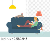 Hobby of woman, reading book, portrait view of female lying on sofa with literature and cup, domestic cat, house-plant on bedside table, living room vector. Female Reading Literature on Sofa, Hobby Vector. Стоковая иллюстрация, агентство Ingram Publishing / Фотобанк Лори