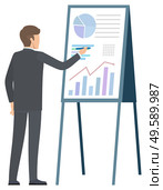 Join to our team concept, guy and investment trades, solution to rich benefit. Vector male analyzing financial graphs and charts on online screen. Join to Our Team Concept, Guy and Investment Trade. Стоковая иллюстрация, агентство Ingram Publishing / Фотобанк Лори