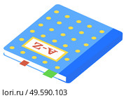 Hardback dictionary with colorful bookmarks isolated on white background. Blue textbook with yellow dots with alphabet letters A-Z on cover. Back to school concept isometric vector illustration. Blue Hardback Dictionary Isometric Vector Image. Стоковая иллюстрация, агентство Ingram Publishing / Фотобанк Лори