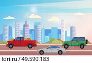 Cars on street vector, road with transportation of city. Cityscape with high buildings and skyscrapers, downtown vehicles with transports megapolis illustration in flat style design for web, print. Cityscape with Skyscrapers and Buildings Cars. Стоковая иллюстрация, агентство Ingram Publishing / Фотобанк Лори
