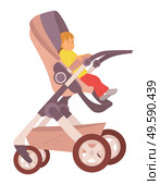 Toddler sitting in buggy vector, isolated child son in perambulator, flat style baby summertime fresh air, pram with calm kiddo outdoor walking stroll. Toddler Kid Sitting in Perambulator Stroller Vector. Стоковая иллюстрация, агентство Ingram Publishing / Фотобанк Лори