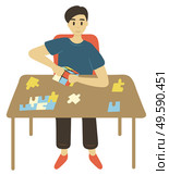 Man having fun with solving puzzles vector, isolated character sitting by table. Man playing games developing cognitive abilities, educational development. Man Solving Puzzles Intellectual Games Vector. Стоковая иллюстрация, агентство Ingram Publishing / Фотобанк Лори