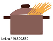 Brown pan with lid isolated on white background. Utensil used to hold, cook and boil ingredients, food. Pasta or spaghetti boiling in stewpan. Vector illustration of cooking process in flat style. Spaghetti or Pasta Boiling in Pan or Stewpan. Стоковая иллюстрация, агентство Ingram Publishing / Фотобанк Лори