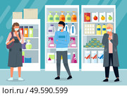 People making panic during viral pandemic going to supermarket to make food supplies. Men and woman wearing face medical masks in public place standing in line at distance near shelves with food. Men and woman wear medical mask stand in a line in supermarket at distance during viral pandemia. Стоковая иллюстрация, агентство Ingram Publishing / Фотобанк Лори