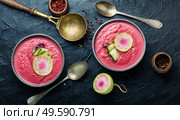 Gazpacho or cold beetroot puree soup with daikon. Summer beetroot and daikon soup. Стоковое фото, агентство Ingram Publishing / Фотобанк Лори