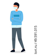 Young man wearing face medical mask standing at white background. Viral pandemic. Coronavirus 2019-ncov flu. Respiratory protection from virus pandemia. Quarantine and self-isolation in city. Illustration of man wearing face medical mask standing at white background, viral pandemic. Стоковая иллюстрация, агентство Ingram Publishing / Фотобанк Лори