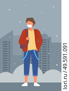 Vector illustration of young man with backpack wearing face medical mask standing at city background. Viral pandemic. Coronavirus 2019-ncov flu. Respiratory protection from virus pandemia. Illustration of man wearing face medical mask standing at city background, viral pandemic. Стоковая иллюстрация, агентство Ingram Publishing / Фотобанк Лори