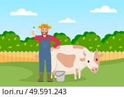 Farm worker with cow. Farmer in overalls, hat and rubber boots is standing in a green meadow near a white spotted cow and holding in his hand a bottle of milk. Agriculture rural landscape, dairy theme. Farmer with cow icon. Farm worker is standing near the cow in a meadow and holding a bottle of milk. Стоковая иллюстрация, агентство Ingram Publishing / Фотобанк Лори