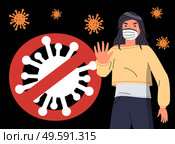 Young woman show stop gesture against spreading coronavirus at black background. Huge crossed out sign with virus. World virus epidemy. Concept of stop covid19. Banner in flat style with flying virus. Woman wearing medical mask show stop gesture, crossed out sign with virus, flying virus pathogen. Стоковая иллюстрация, агентство Ingram Publishing / Фотобанк Лори