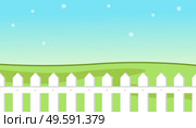 Blue sky background with decorative picket white fence and grass. Garden fencing, summer backyard. Summer landscape with traditional white picket fence with green meadow against a bright clear sky. Blue sky background with decorative picket white fence and grass. Garden fencing, summer backyard. Стоковая иллюстрация, агентство Ingram Publishing / Фотобанк Лори