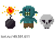 Pixel game elements vector, bomb with wick in flame isolated icon. Troll and skull, danger and explosion gamification retro flat style graphics set. Skull and Troll, Bomb with Fire Pixel Game Vector. Стоковая иллюстрация, агентство Ingram Publishing / Фотобанк Лори