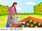 Gardening illustration. Woman dressed apron is pouring seedlings in the garden from a watering can. Spring gardening. Agriculture gardener hobby and garden job. Self-sufficiency concept. Flat image. Illustration of spring gardening. Young woman watering plants in the garden, in the vegetable garden. Стоковая иллюстрация, агентство Ingram Publishing / Фотобанк Лори