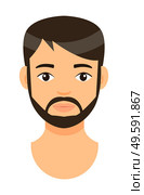 Vector cartoon character. Concept of avatar of young bearded man with brown hair. Isolated at white background portrait caucasian person. Brunet adult guy with short haircut and mustache. Handsome man. Avatar of young bearded guy, brow-haired man with white skin, icon for website, social network. Стоковая иллюстрация, агентство Ingram Publishing / Фотобанк Лори