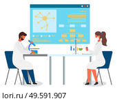 Laboratory workers making experiments. Scientist man with mircoscope. Woman researcher exploring flasks with liquid samples. Man, woman at background of board with formula, molecula, text information. Two laboratoey assistants making researches, engineer using mircoscope, scientist with test flasks. Стоковая иллюстрация, агентство Ingram Publishing / Фотобанк Лори