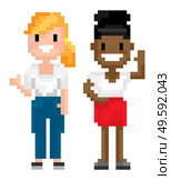 Womans pixelated graphics of 8 bit game isolated character of pixel game, mosaic representation, Afro American and Evropean personages, friends spending time together, for business or education. Character of Pixel 8 Bit Game, Man and Woman Vector. Стоковая иллюстрация, агентство Ingram Publishing / Фотобанк Лори