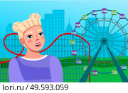 Positive young girl near ferris wheel with colored cabins and a roller coaster ride amid large city buildings. Pretty woman in attraction in amusement park, entertainment and leisure at weekends. Young girl near ferris wheel with colored cabins and a roller coaster ride amid large city buildings. Стоковая иллюстрация, агентство Ingram Publishing / Фотобанк Лори