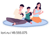 Family playing video games. Mom dad and son gaming with gamepad controller, holding joystick in hands flat design. People siting on the floor in front of the monitor and playing a computer game. Family playing video game. Mom dad and son gaming with gamepad controller, holding joystick in hands. Стоковая иллюстрация, агентство Ingram Publishing / Фотобанк Лори