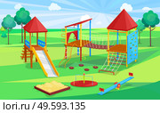 School playground, sandbox and slide, climbing wall and rope with stairs, carousel sign. Children active place, green trees, wooden equipment vector. Children Active Place, School Playground Vector. Стоковая иллюстрация, агентство Ingram Publishing / Фотобанк Лори