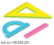 Three rulers to draw straight lines and right triangles. Protractor for measure angles vector. These items are needed on geometry and for architects. Back to school concept. Flat cartoon isometric 3d. Pack of Three Rulers Different Colors Vector Icon. Стоковая иллюстрация, агентство Ingram Publishing / Фотобанк Лори