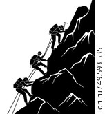 Silhouette traveling people. Climbing on mountain. Vector illustration hiking and climbing team. Squad of three mountaineer alpinists with backpacks climb the slope of the mountain with a taut rope. Silhouette traveling people. Climbing on mountain. Vector illustration hiking and climbing team. Стоковая иллюстрация, агентство Ingram Publishing / Фотобанк Лори