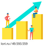 Person and growth of rates, achievement of best results, work at tablets. Vector brokers and growing sales demonstrated on statistical graph by raising arrow. Broker and Growing Sales Demonstrated on Graph. Стоковая иллюстрация, агентство Ingram Publishing / Фотобанк Лори