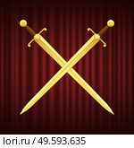 Two golden swords with brown handles crossed. Medieval weapon with sharp and shiny blade on red background. Knight attributes, royal guard arms vector. Two Gold Swords with Brown Hilt Crossed Vector. Стоковая иллюстрация, агентство Ingram Publishing / Фотобанк Лори