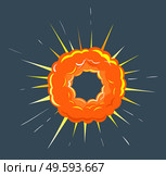 Orange round burst with cloud of dust. Big bang in motion with fire and gleam of energy. Isolated astronomical explosion in space, bright and radial bursting. Vector illustration in flat style. Round Explosion in Space, Bright Bang with Gleam. Стоковая иллюстрация, агентство Ingram Publishing / Фотобанк Лори