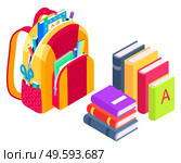 Satchel packed for lessons vector, isolated backpack with items for classes, back to school concept. Isometric cartoon of bag with textbooks and notebooks, scissors and abc learning alphabets. Satchel with School Supplies, Books in Backpacks. Стоковая иллюстрация, агентство Ingram Publishing / Фотобанк Лори