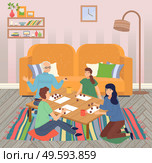 Family spend leisure time together at home, happy people playing bingo lotto game at table, mother, daughter, father, grandfather, indoors home activity, hobby, parents and kids relationships. Family spend leisure time together at home, happy people playing bingo lotto game at table, hobby. Стоковая иллюстрация, агентство Ingram Publishing / Фотобанк Лори