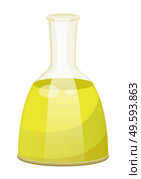 Glass bottle closed with bung with golden liquid inside. Vessel with viscous purified substance used for cooking or hair care. Vegetable, olive or sunflower, oil produced by plant. Vector illustration. Vegetable Oil for Hair Care, Liquid in Vessel. Стоковая иллюстрация, агентство Ingram Publishing / Фотобанк Лори