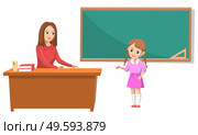 Education vector, teacher and pupil standing by blackboard with ruler. Lesson teaching new material and revising old subjects. Tutor and student, back to school concept. Flat cartoon. School Teacher and Pupil Answering Question Vector. Стоковая иллюстрация, агентство Ingram Publishing / Фотобанк Лори
