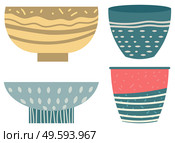 Stack of clay pots isolated flat style kitchen utensils. Vector household crockery, terracotta pottery. Several ceramic earthenware flowerpots, food bowls. Stack of Clay Pots Isolated Flat Kitchen Utensils. Стоковая иллюстрация, агентство Ingram Publishing / Фотобанк Лори